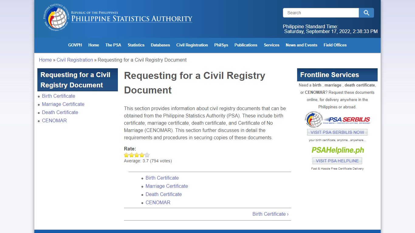 Requesting for a Civil Registry Document | Philippine Statistics Authority